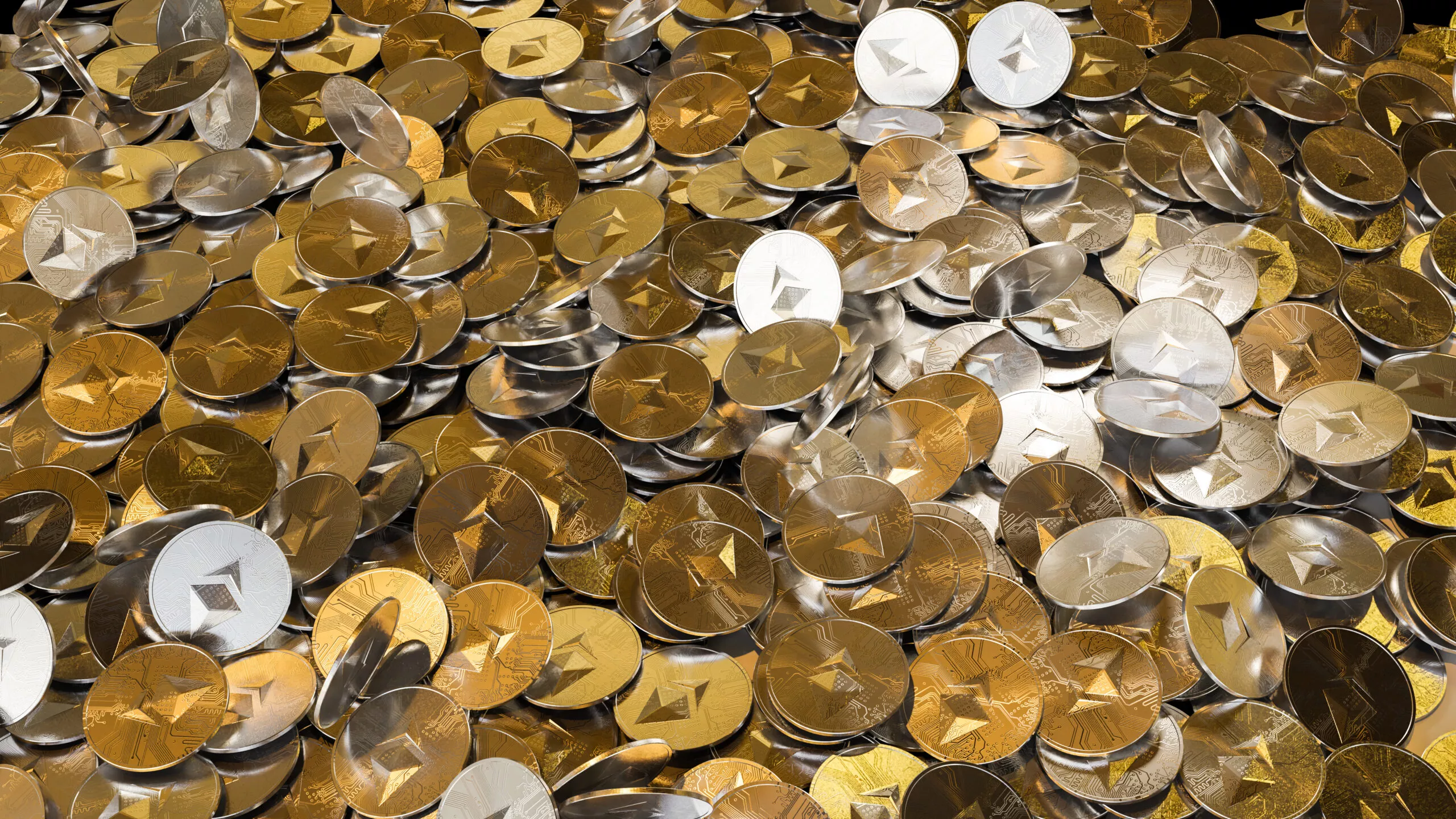 Cryptocurrency Ethereum golden coins spilling on the table.